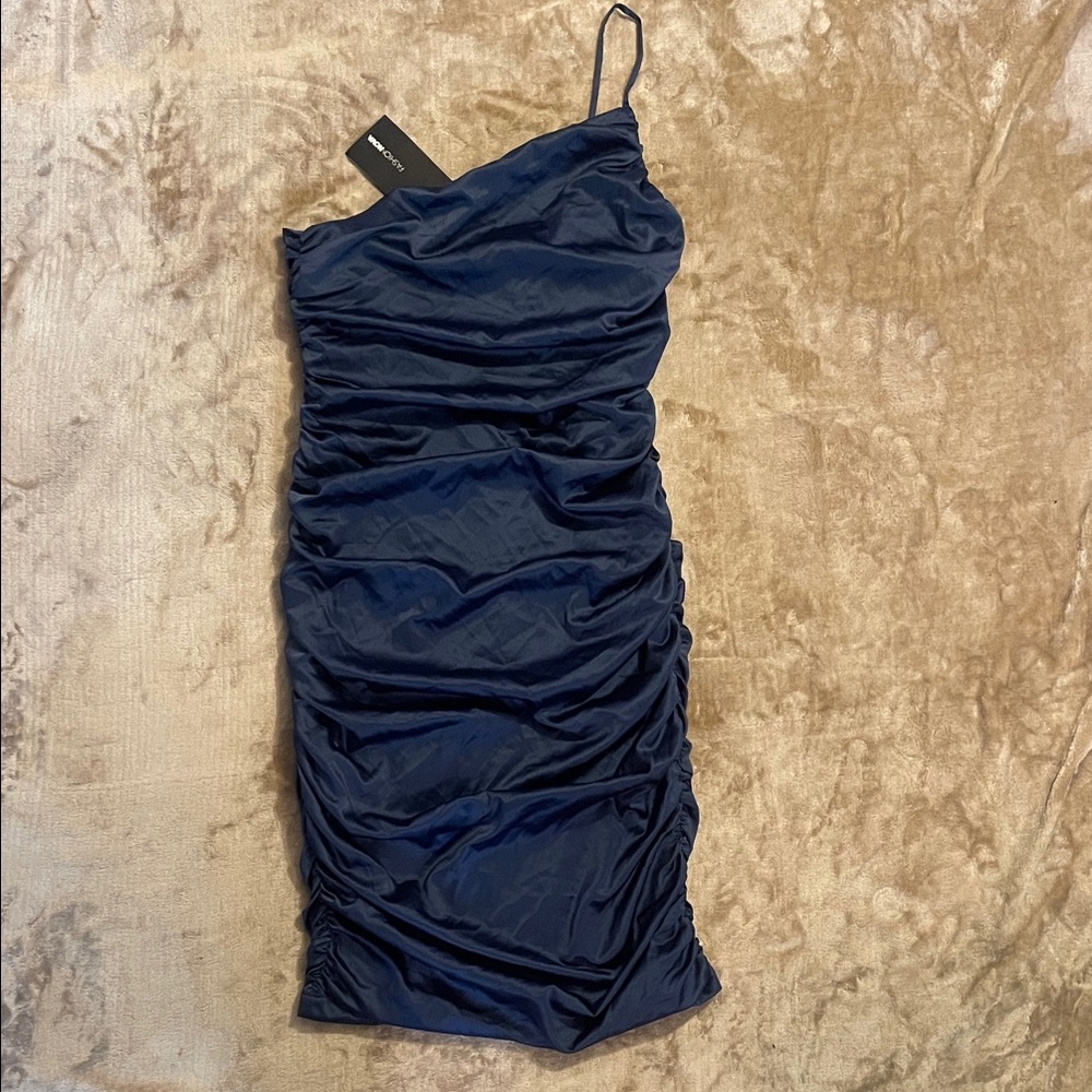 Fashion Nova Navy Blue Ruched One-Shoulder Mini Dress